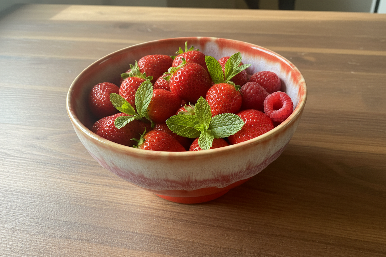 Grespresso kom rood gevuld met aardbeien en frambozen op rustieke tafel