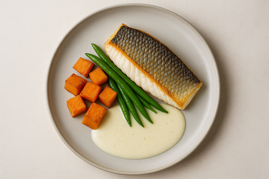 Op de huid gebakken zeebaarsfilet | pompoen | beurre blanc | dille