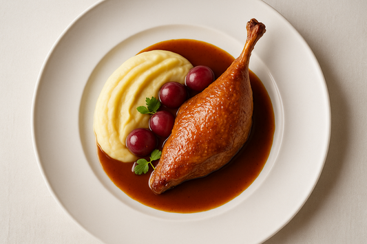 Parelhoenboutje | aardappelpuree | Jus de Veau | druiven