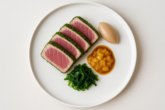 Tonijn Tataki | mangochutney | wakame | Kikkomancrème